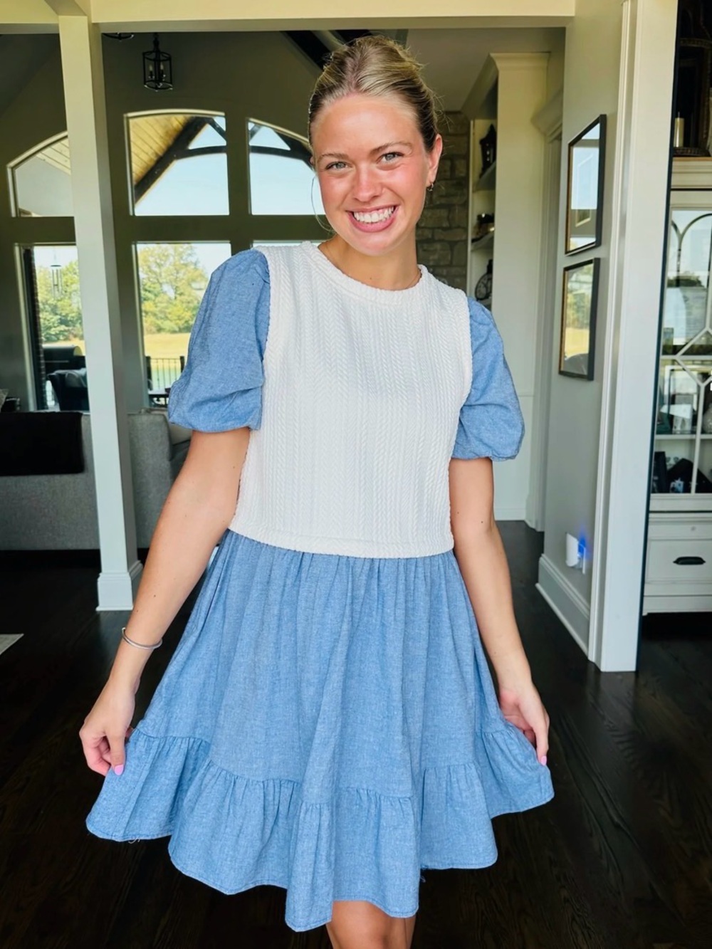 Blue Puff-Sleeve Tiered Dress with Knit Bodice